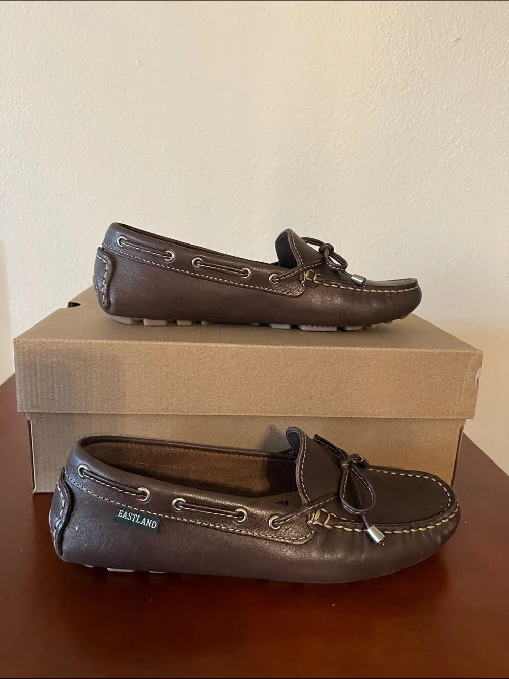 Eastland Brown Leather Slip-On Boat Shoes with Lace Tie